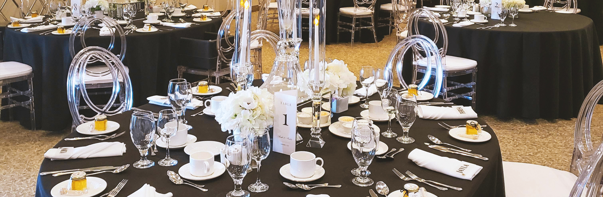 Tables set up in ballroom